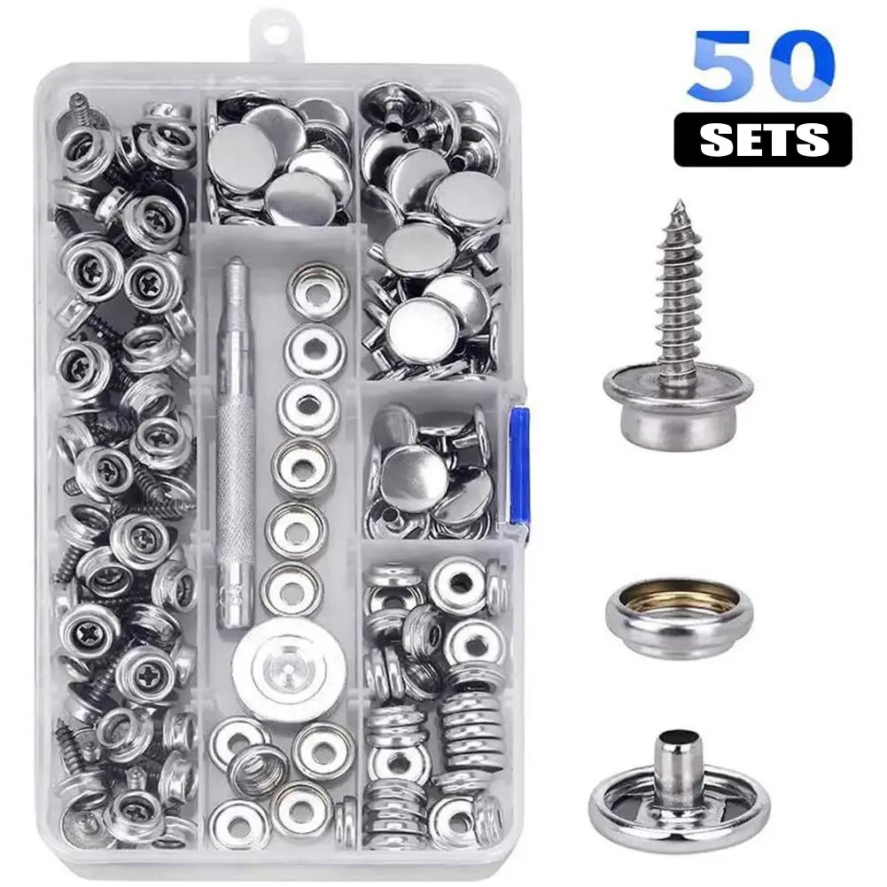 10/50sets Stainless Steel Marine Grade Canvas and Upholstery Boat Cover Snap Button Fastener Kit 15mm Screws Snaps with tool