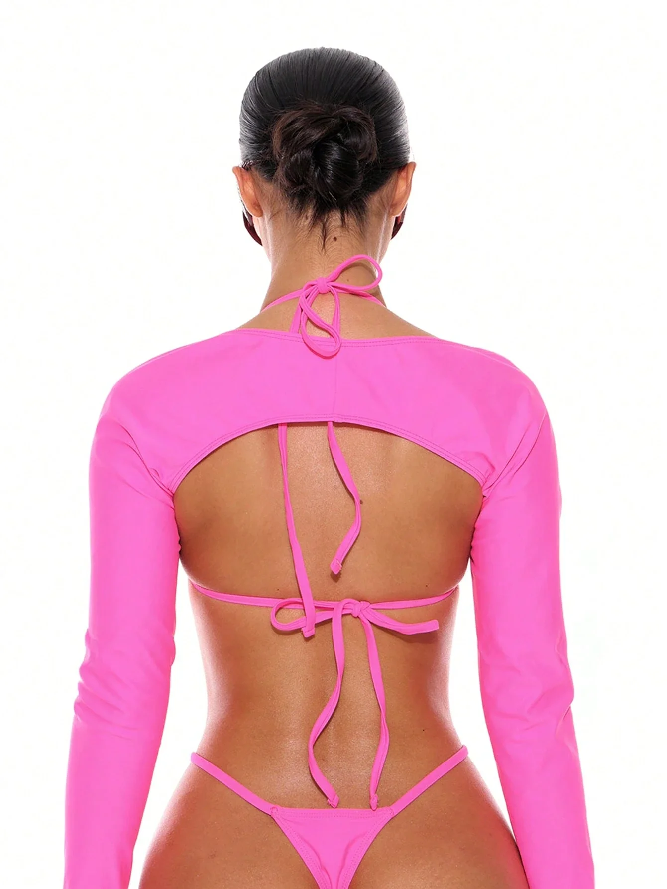 

Розовый однотонный комплект бикини с длинными рукавами для пляжного отдыха