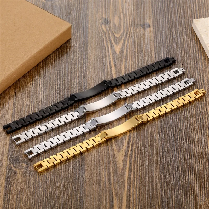 Gold Stainless Steel Mens ID Bracelets Free Engraving Laser Name Date Customize Gift 10mm Men's Watch Chain Father's Day Present