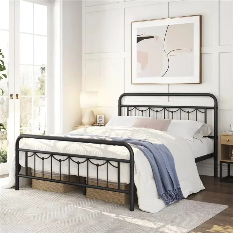 

Metal Platform Queen Bed with Vintage Headboard and Footboard, Matte Black