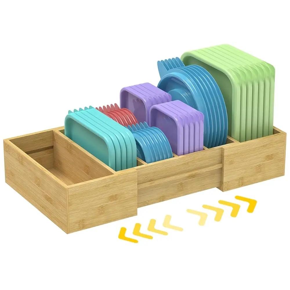 

Expandable Bamboo Food Container Lid Organizer For Cabinet, Adjustable Dividers Lid Organizer For Plastic Lids And Covers