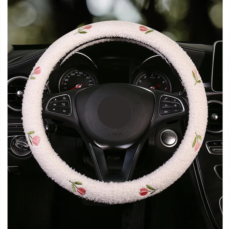 D/O Shape Camellia Flower Soft Plush Car Steering wheel Cover Decoration Style Auto Interior Armrest Pad Cushion Accessories