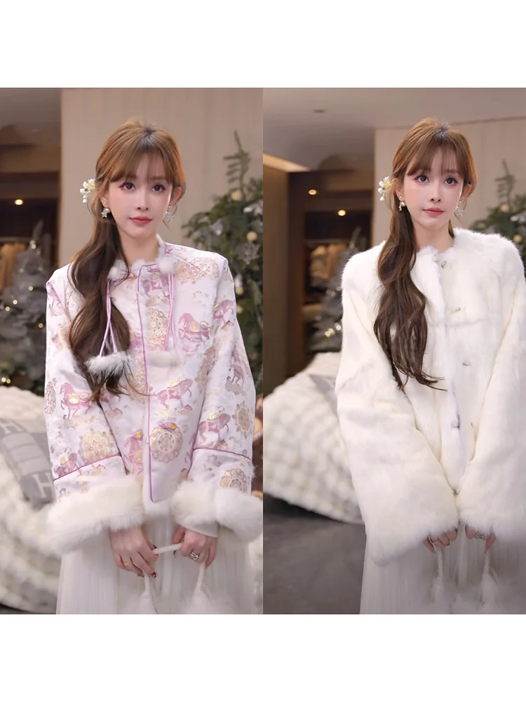 

Двусторонняя зимняя женская куртка Mimius из меха кролика и норки с вышивкой, в китайском стиле