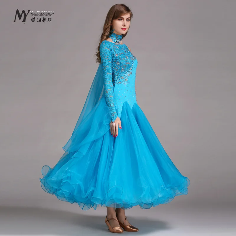 1pcs/lot luxury style woman ballroom dancing dress with rhinestone lady long sleeve patchwork waltz dancing dress