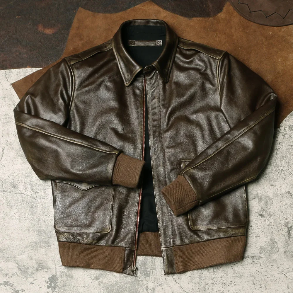 SHop Best.Men quality Army green tea core cowhide A2 jacket.Classic bomber genuine leather coat.Vintage style