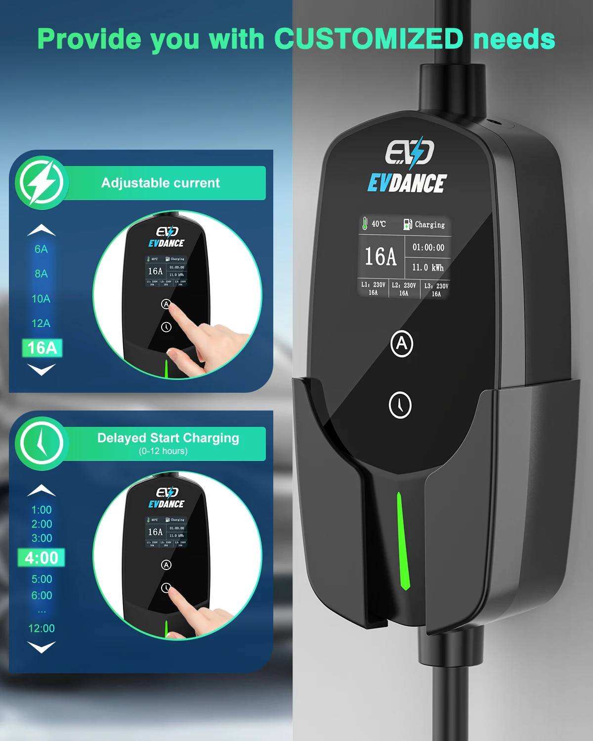 EVDANCE-Carregador Portátil EV, Caixa De Carregamento, Estação De Carregamento Do Carro, Potência Rápida Ajustável, 11KW, 16A, 3Phase, Type2