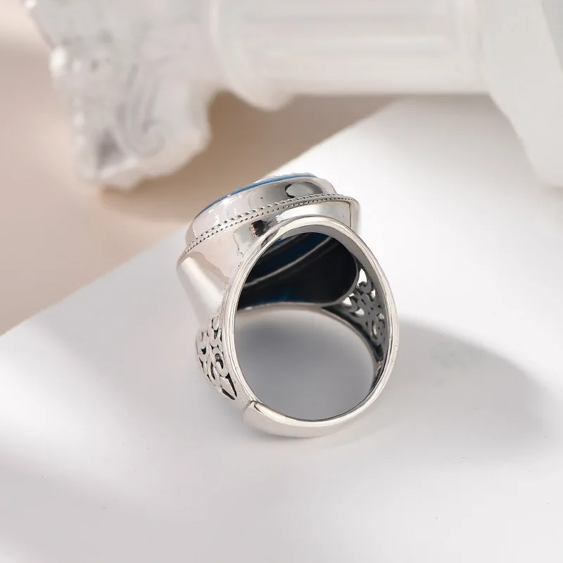 TZgrams Genuine 925 Silver Natural Blue Onyx Medusa Ring White Shell Cameo Water Drop Goddess Big Rings for Women Fine Jewelry