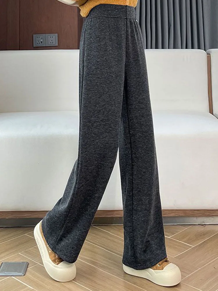 فضفاض الصوف السراويل المستقيمة شتاء دافئ مرونة عالية الخصر واسعة الساق Sweatpants الكورية موضة الصلبة المخملية اصطف بنطلونات جديد #5