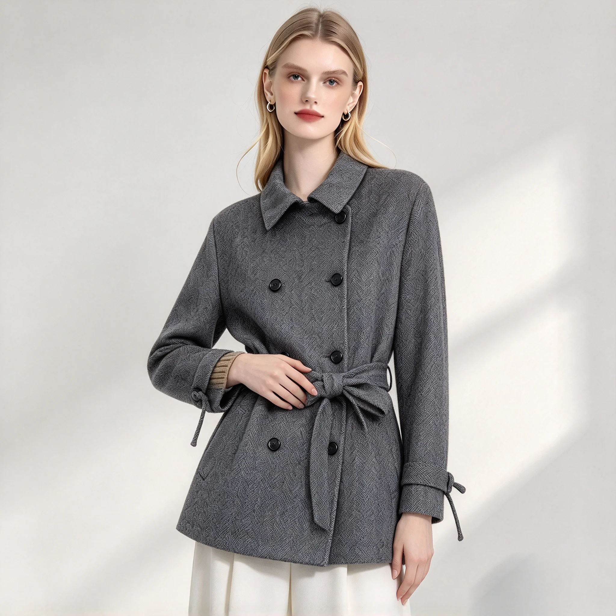 ZJYT Autumn Winter Woolen Jackets and Coats for Women High Quality Vintage Grey Double Breasted Outerwears Elegant Coat Tops