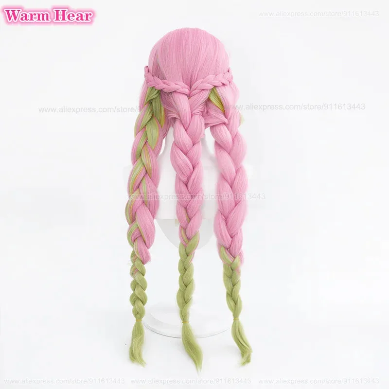 90cm Long Kanroji Mitsuri Cosplay Wig Green Pink Braids Cosplay Anime Wig Heat Resistant Hair Halloween Party Wigs + Wig Cap