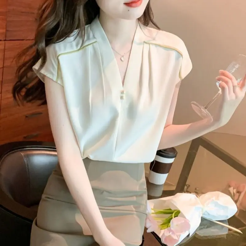 Women Ruffle Beaded Chic Elegant Blouse Summer Fashion Simple Business Casual Office Lady Shirts V Neck Short Sleeve Tops Blusas