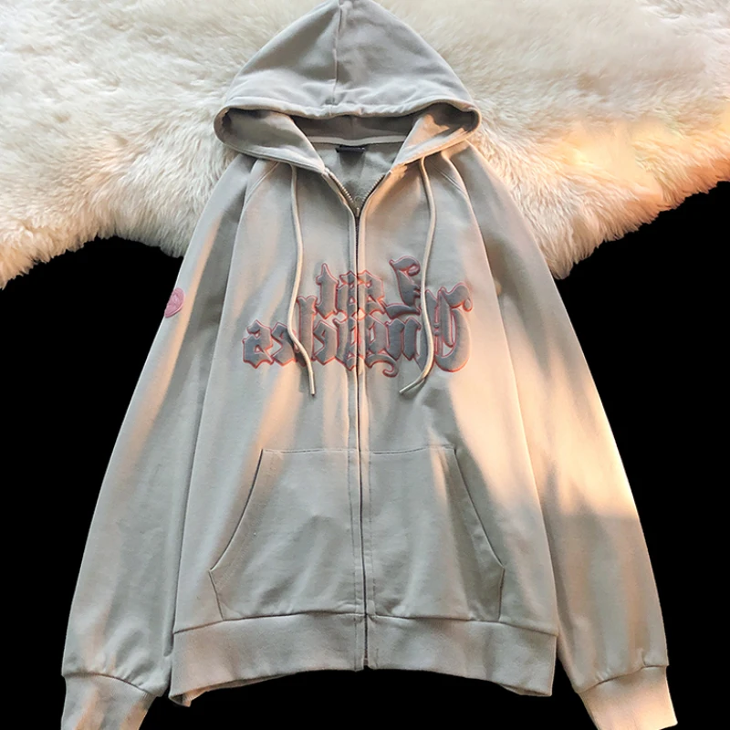 

American Vintage Letter Printing Cardigans Casual All-Matched Oversized Hooded Outerwear Fall Winter Chic Sweatshirts for 18-24Y