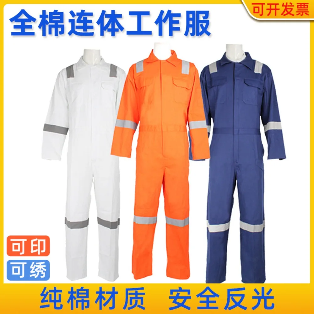 Pure cotton one-piece overalls male crew cotton with reflective strips tooling