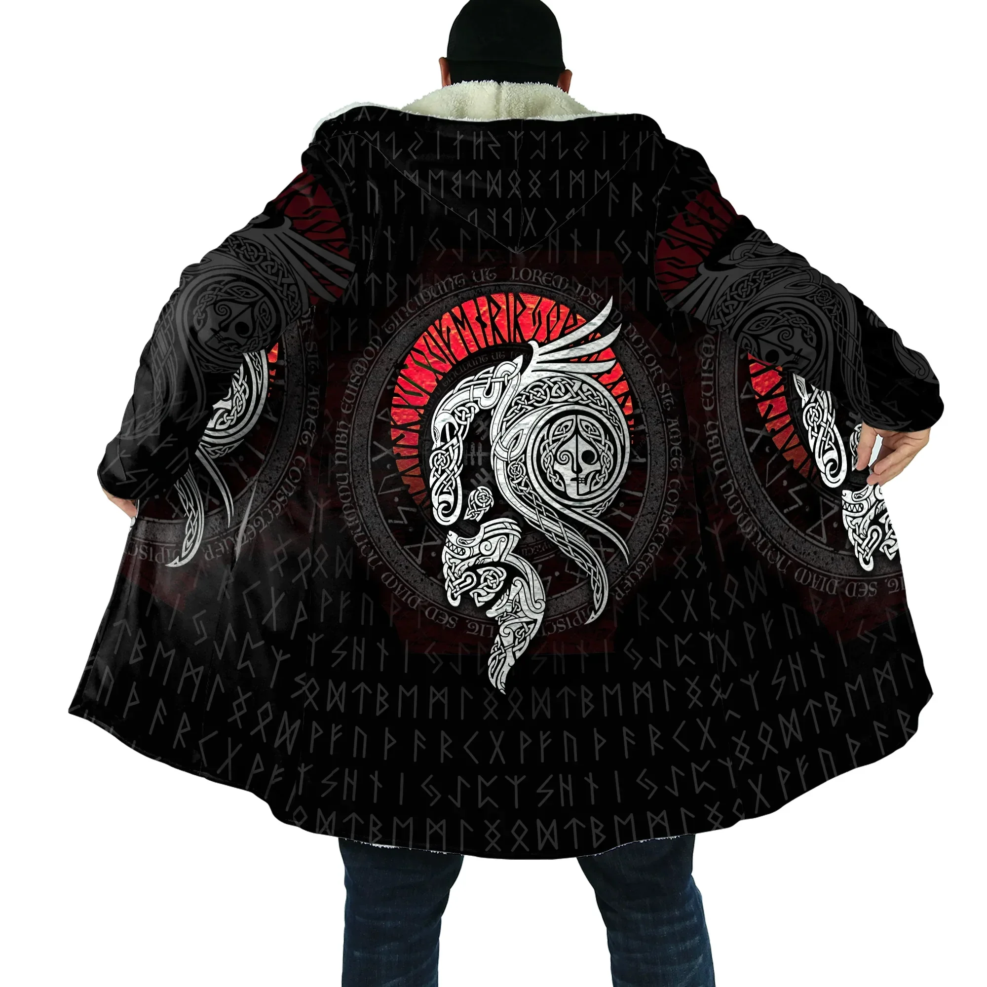 Winter Fashion Hoodie Cape Fenrir Vedvisir Runes Raven Tattoo 3D Print Men's Thick Wool Hooded Coat Unisex Casual Warm Coat