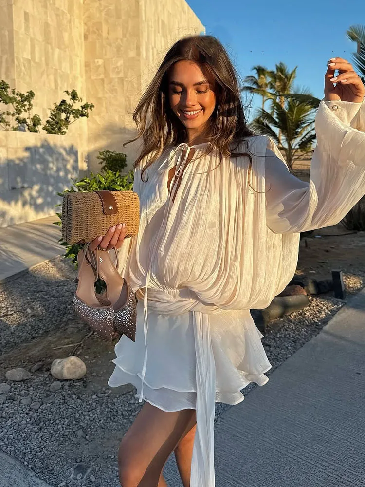 HH-Conjunto de 2 piezas de moda para mujer, minivestido plisado liso con mangas abullonadas y cuello redondo + pantalones cortos elegantes con cremallera trasera, traje en 4 colores