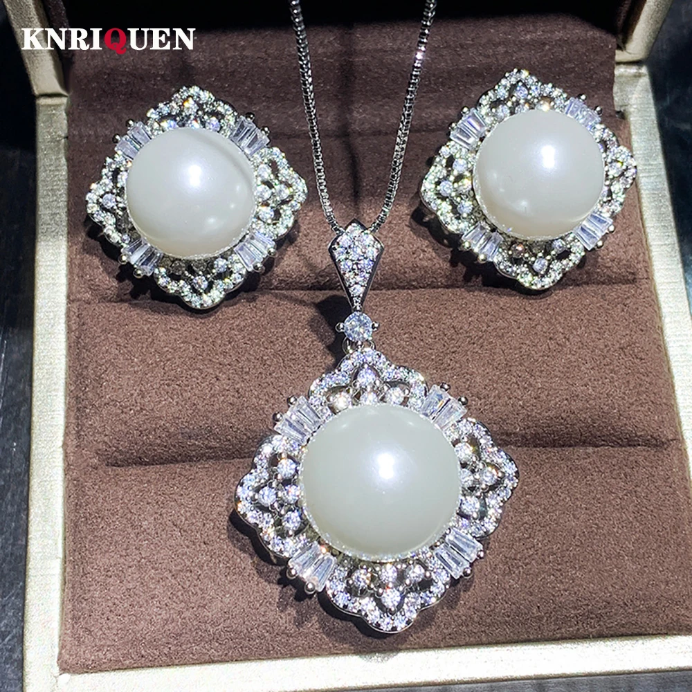 Charms 14-16mm White Big Pearl High Carbon Diamond Pendant Necklace Earrings for Women Anniversary Wedding Party Jewelry Sets