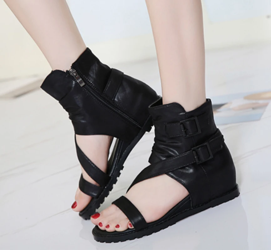 

2023 Summer Ankle Boots Women Strappy High Top Booties Wedge Hidden Heel Hollow Out Booties Flat Shoes Gladiator Sandals Punk