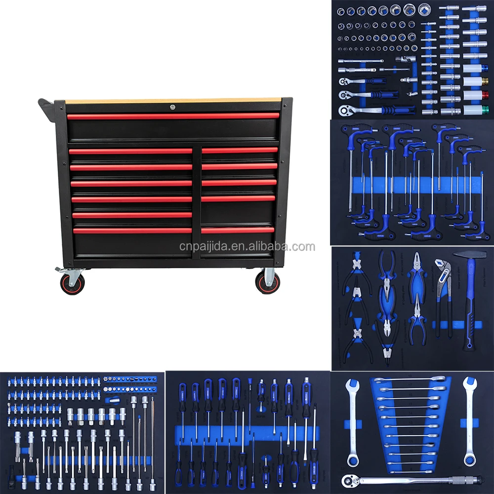 

Tool Cart Cabinet With 287-Piece Hand Tool Set Tool Trolley 12 Drawers OEM Customizable Rolling Storage