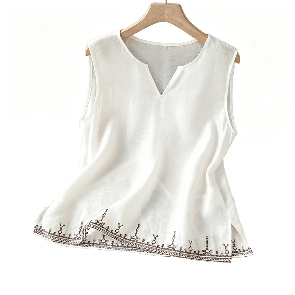 

Cotton Polyester Blend Womens Sleeveless Embroidered Vest Loose Fit Regular Length for Spring Summer Autumn Winter Wear