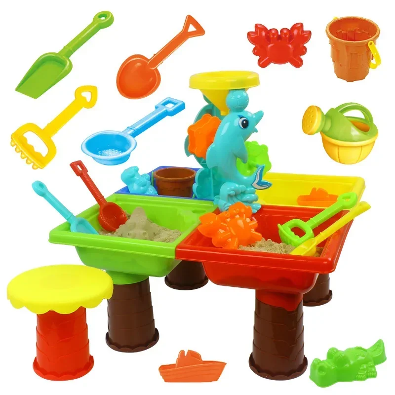 

[Funny] 4 Player Kids Summer Outdoor Beach Sandpit Toy Sand Bucket Water Wheel Table Play Set play water play sand education Toy