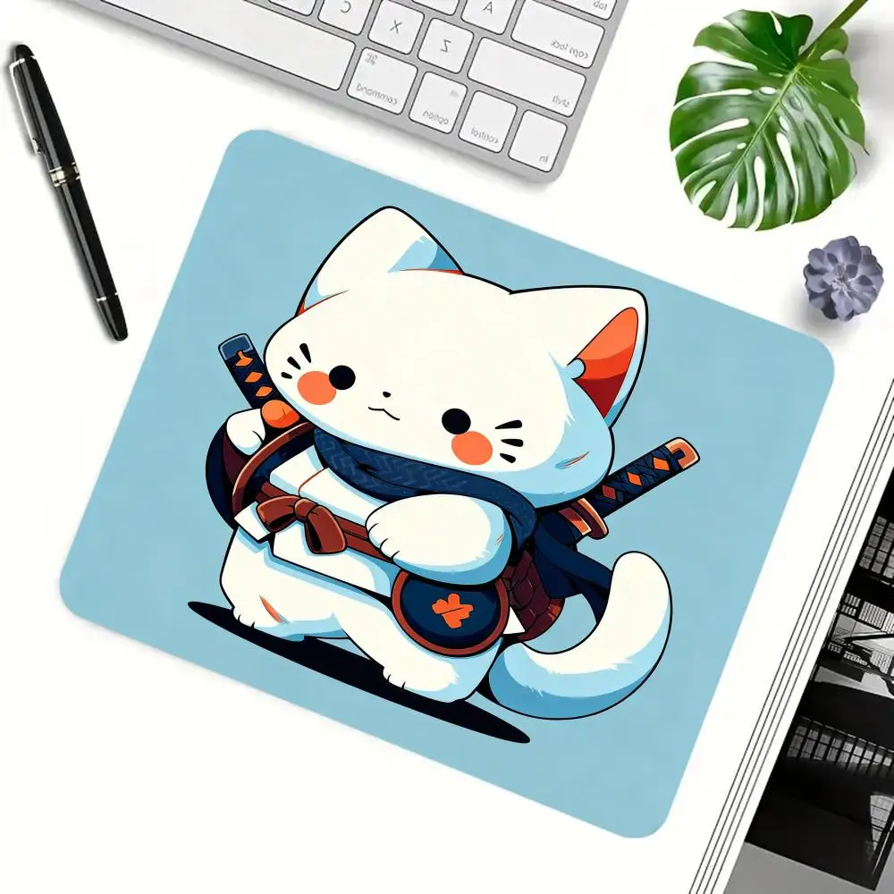 Cartoon Samurai Cat Holding Katana Cute Flat Illustration For Kid Laptop Learning Playmat