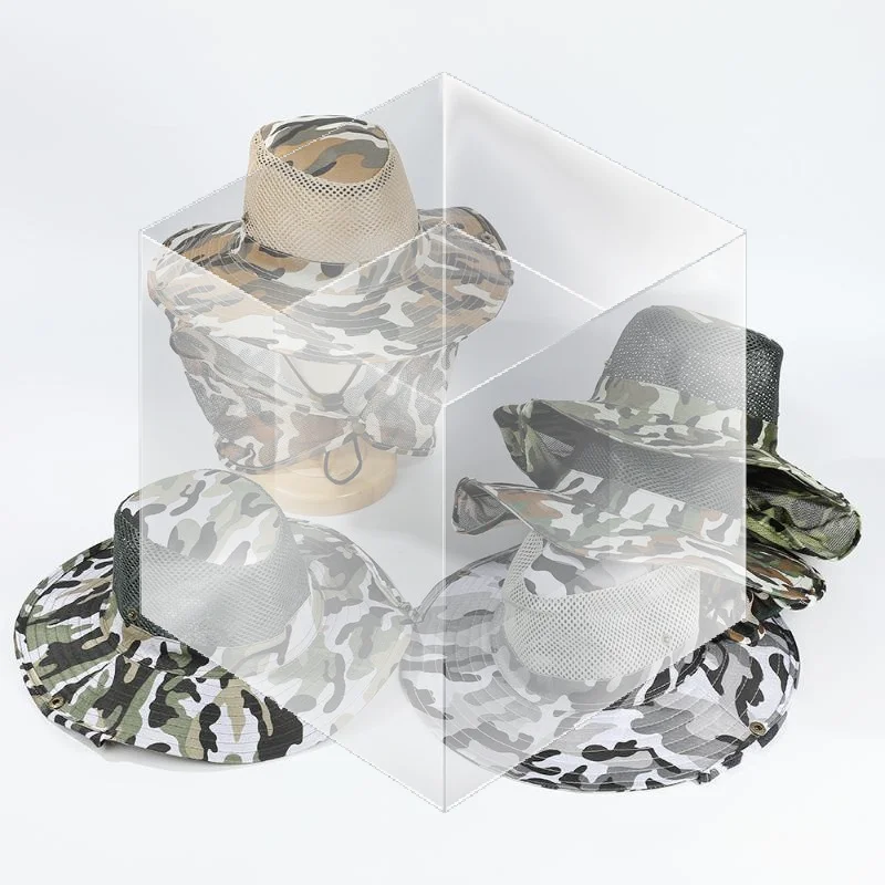 Outdoor Fishing Hat Wide Brim Man Breathable Mesh Fishing Cap Beach Hats Camouflage Sun UV Protection Shade Hat
