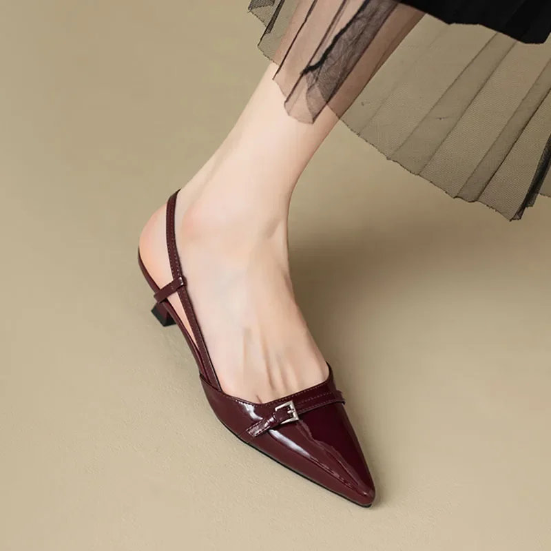 New Summer Women\'s Dress Shoes Pointed Toe Sandals Buckle Slingbacks Mid Heels Pumps Patent Leather Slip on