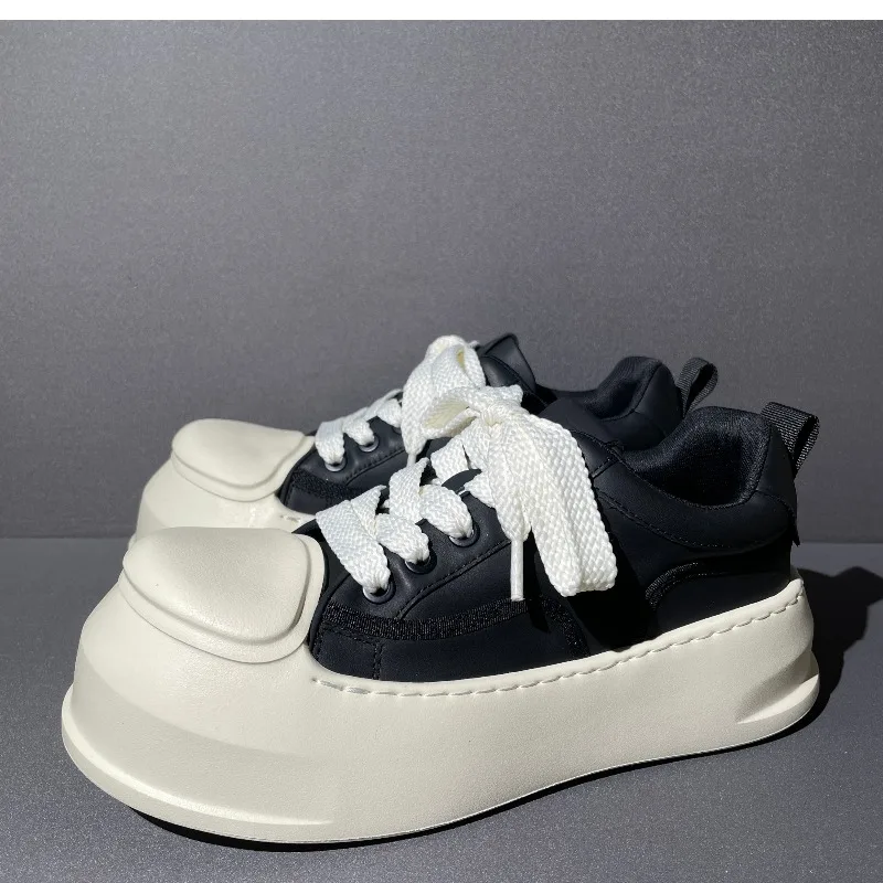Europe Fashion Show Style Black/White Thick Soled Casual Board Shoes for Men's Genuine Leather Wide Version White Increase Shoes