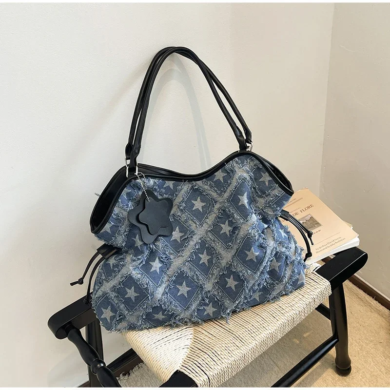 Denim Canvas Grid Umhängetasche, Damen-Umhängetasche mit großem Fassungsvermögen, lässiger, niedlicher Wald-Stil, Reisetasche, Handtasche für den täglichen Pendelverkehr, Blau – Detail 10