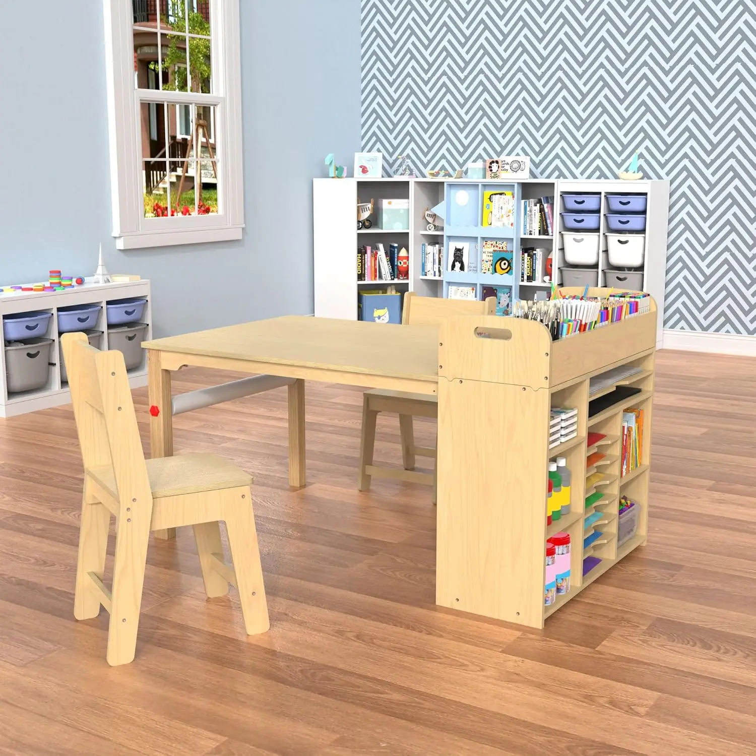 Kids Art Table and Chairs Set Craft Table with Large Storage Desk and Portable Art Supply Organizer for Children Ages 8-12, 47"