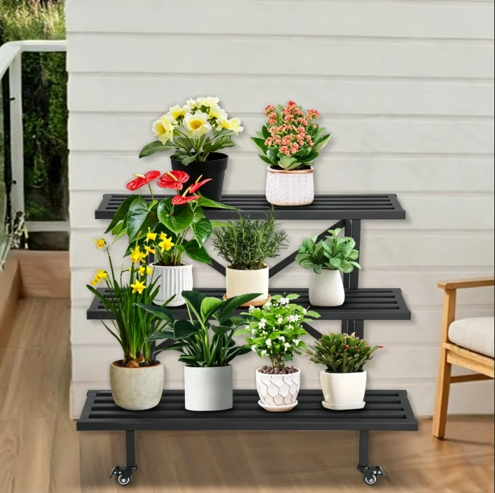 220 LBS Max Load 3-Tier Wrought Iron Mobile Flower Stand with Wheels Floor Floral Display Rack for Patio Florist Shops & Outdoor