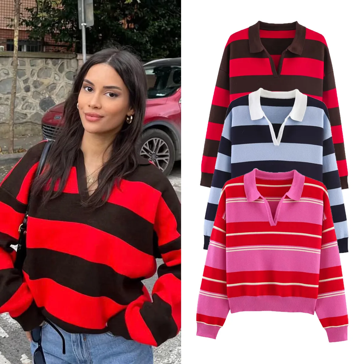 

2026 Spring and Autumn Fashion Street Contrast Color Knitted Sweater