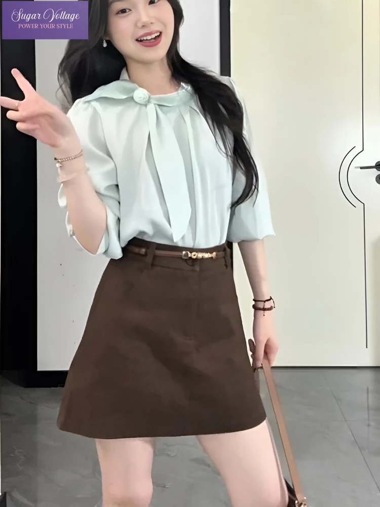 Korean Fashion Elegant 2 Piece Set Women Slim Long Sleeve Lace-Up Shirt+ High Waist Belt A-Line Skirt French Casual Solid Outfit