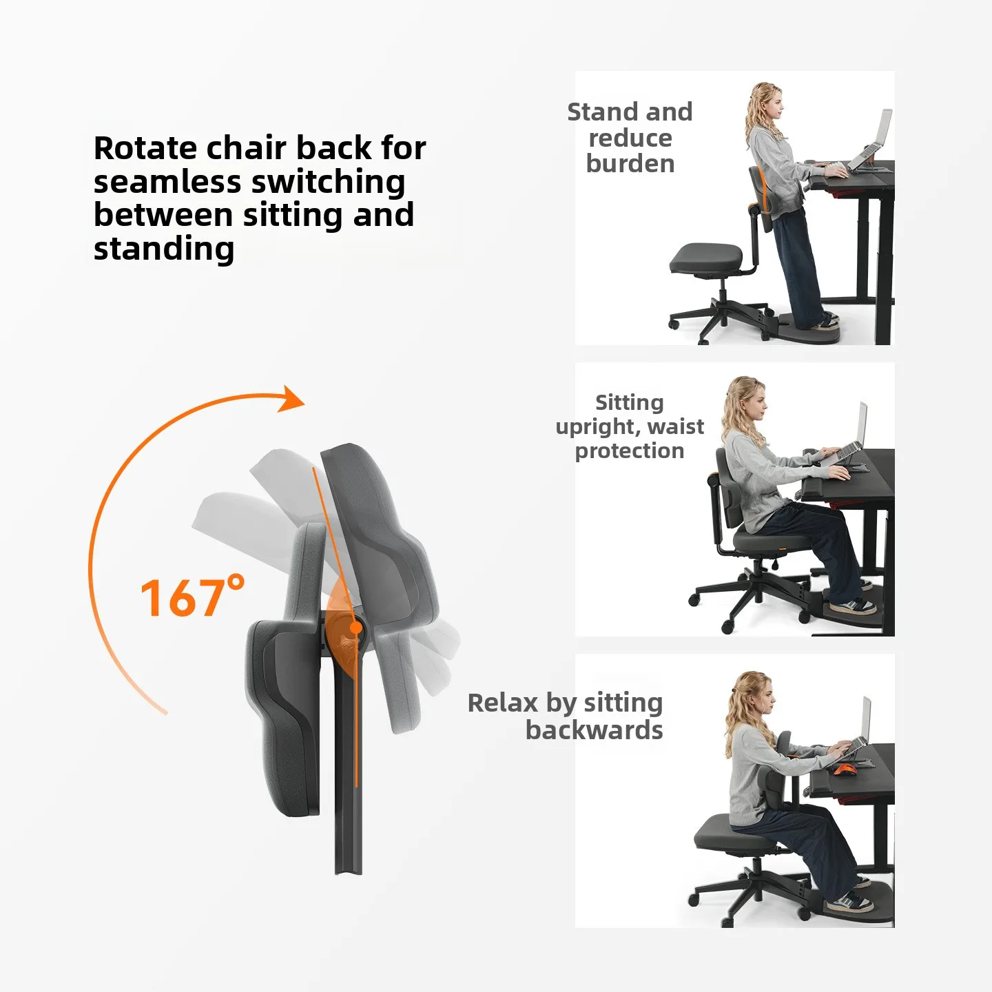3 in1 Ergonomic Standing Desk Chair, Perch Stool for Sit-Stand-Lean, Height Adjustable Office Stool with Back Support & Footrest image 3