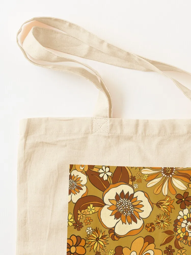 70s خمر زهرة قوة نمط الأزهار، البرتقال، الخردل، الأصفر حمل حقيبة قابلة لإعادة الاستخدام حقيبة تسوق حقائب النساء الفاخرة