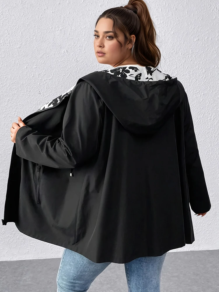 Übergrößen-Damen-Herbstjacke mit Kapuze, Wendbare bedruckte Freizeitjacke mit Taschen, Street-Style, Größen 1XL–4XL, Outfit-Ideen – Detail 3