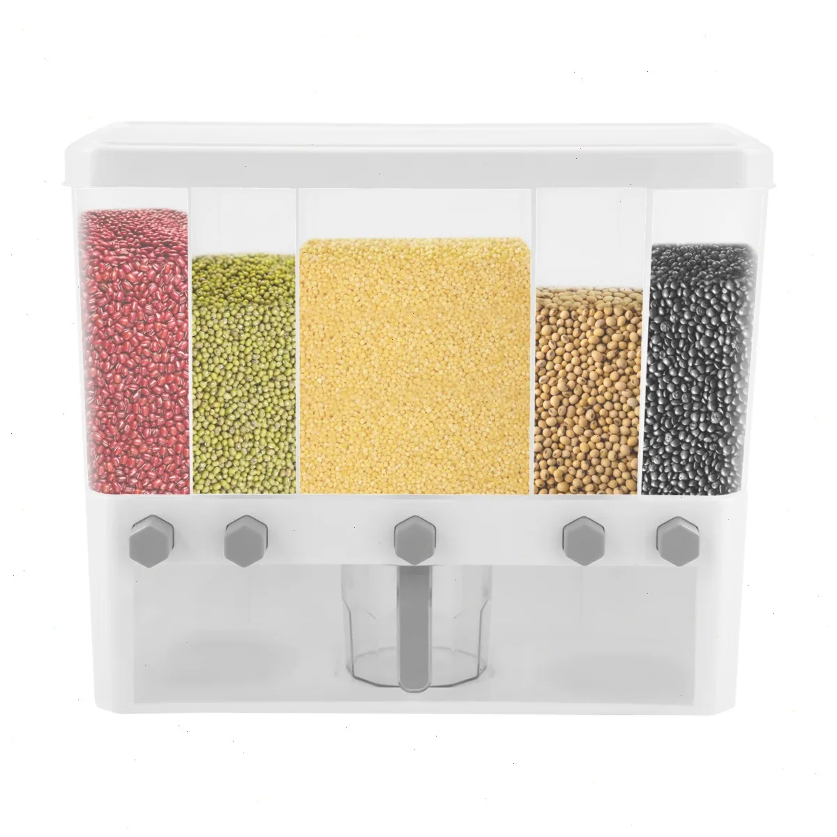 Dispensador de Cereales, Contenedor de Almacenamiento de 5 Compartimentos, Organizador de Despensa de Cocina con Capacidad de 15 kg y Taza Medidora para Granos y Frijoles