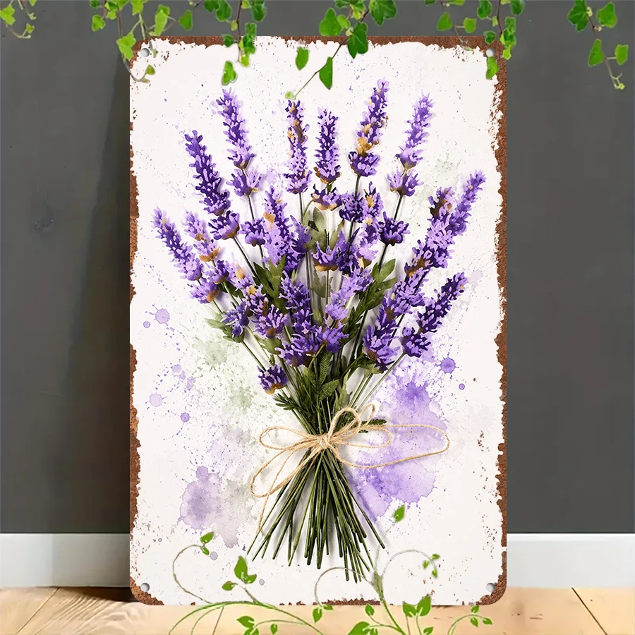 2D flat retro metal tin plate,  Vintage Lavender Bouquet Metal Tin Sign, Suitable for home, garage, café, bar and garden decoration