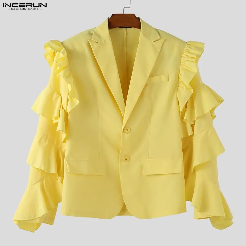 

INCERUN Men Blazer Solid Color Lapel Long Sleeve Button Casual Suit Men Streetwear Ruffle Fashion Leisure Male Thin Coats S-3XL