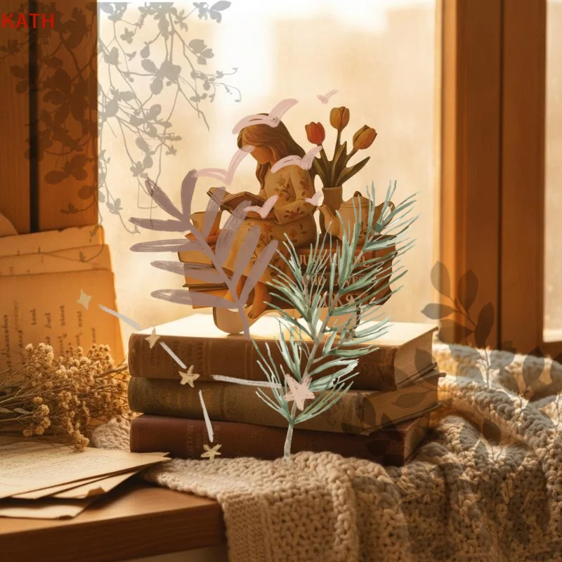 Reading Girl 2D Wooden Figurine, Creative Desktop Ornament for Study Room and Home Atmosphere Decoration