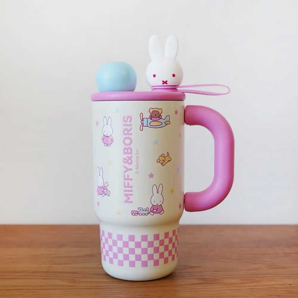 Miffy Cartoon Kinder-Thermosbecher mit Griff, isolierte Tasse aus Edelstahl im mehreren Stil, niedliches Kaninchen-Bär-Muster, thermisch