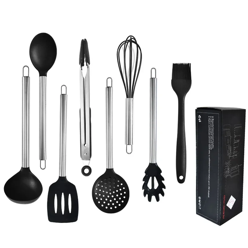 Silica Gel Kitchen Ware 8-Piece Cooking Ladel Set Kitchen Tools Stainless Steel Hollow Handle Kitchen Spoon Slotted Turner