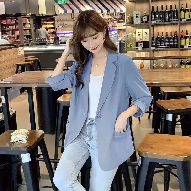 Women 2023 Summer New Small Suit Jacket Korean Temperament Relaxed Casual Sunscreen Top Chiffon Medium Length Solid Color