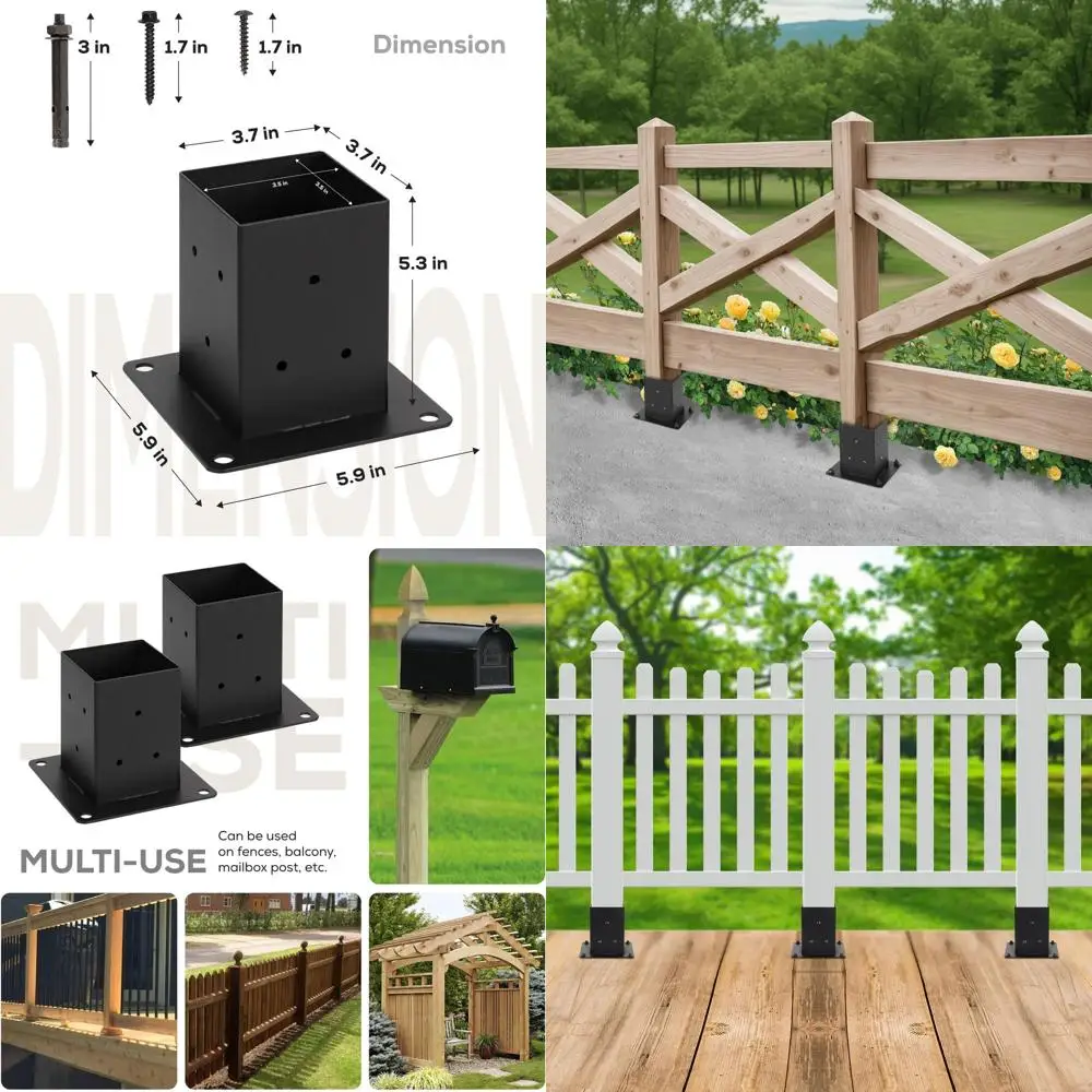 

4x4 Deck Post Bases, 3.5x3.5 Inner, Concrete Mount, Mailbox & Wood Fence Support (Black, Set of 8)