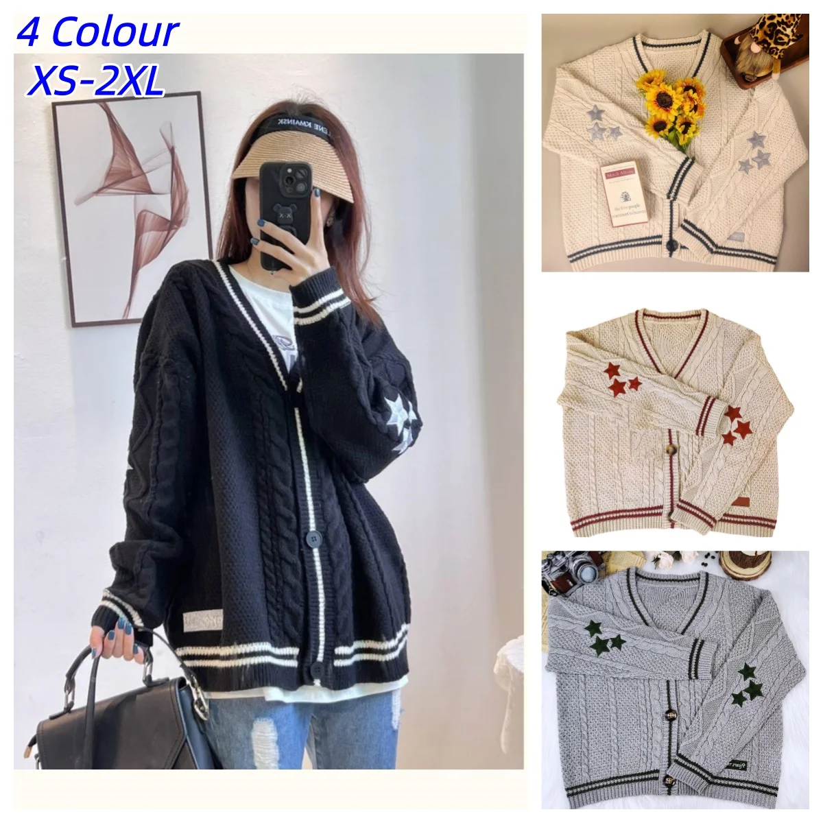 Y2K Vintage Autumn Cardigan Women Long Sleeved V-neck Knitted Sweater Winter Fashion Loose Warm Oversized Beige Cardigan Women