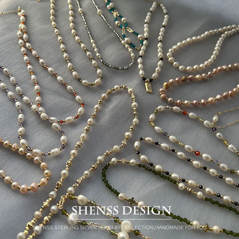 Natural Freshwater Rice Pearl, Rice Pearl, Zircon Necklace, Solid and Candy Colors
