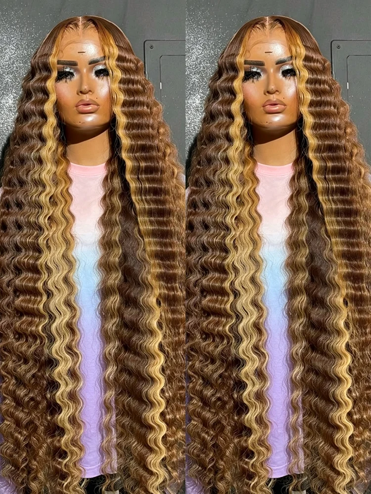 40 44 Inch HD Transparent Water Wave Highlight Wig Human Hair 13x4 13x6 Deep Wave Lace Frontal Wig 4/27 Honey Blond Colored Bermees Curly Lace Front Hair Wigs Raw Human Hair Wigs For Women Pre Plucked Natural Hairline 250% Density