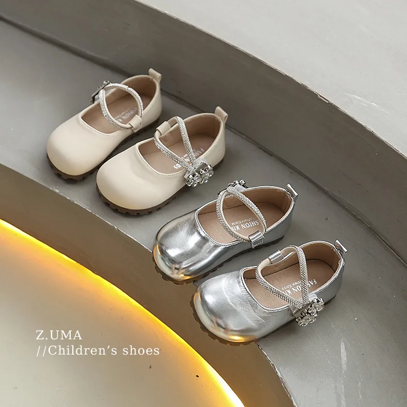 

Модная обувь принцессы с бриллиантами для девочек, осень 2024, новые детские кожаные туфли, простые туфли Мэри Джейн для девочек, нескользящая детская повседневная обувь