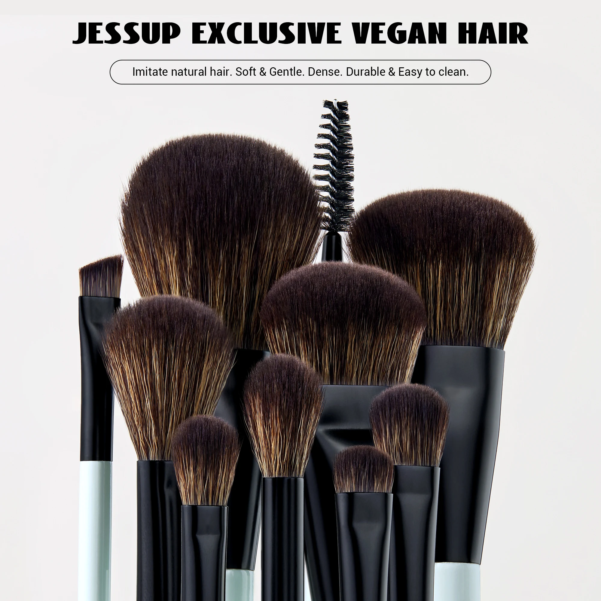Jessup Double-Ended Makeup Brushes 6pcs, Vegan Fiber, Daily Use, Bright Cyan