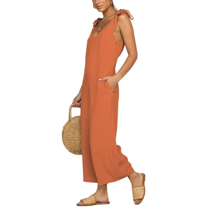 2024 Solid Color Pockets Wide Leg Pants Jumpsuits Women Summer  New Casual Bow Sling Loose Rompers One Piece Outfit Boho Female